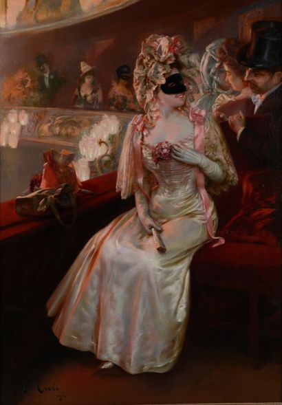 null Manuel CUSI Y FERRET (1857 - 1922).
Femme au masque souriant au balcon d'un...