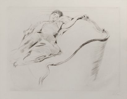 null Paul HELLEU (1859 - 1927).
Femme allongée sur un canapé.
Pointe sèche sur vergé,...