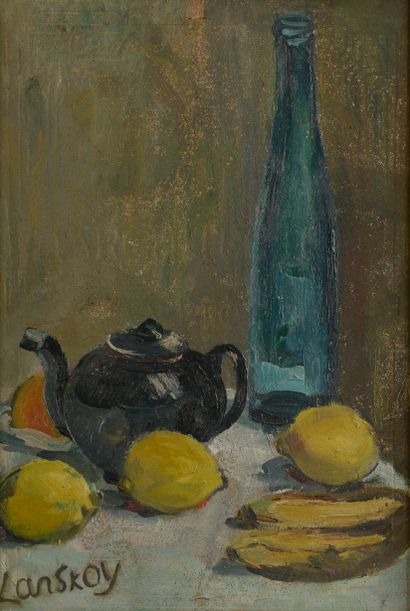 null André LANSKOY (1902 - 1976).
Still life with a teapot, a bottle and lemons....