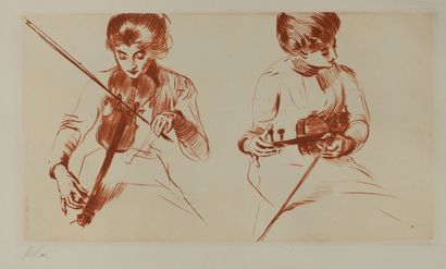 null Paul HELLEU (1859 - 1927).
Deux études de femme au violon. 
Pointe sèche en...