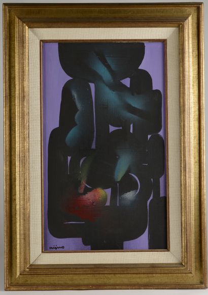 null Ladislas KIJNO (1921 - 2012).
Composition sur fond violet. 
Huile sur toile...