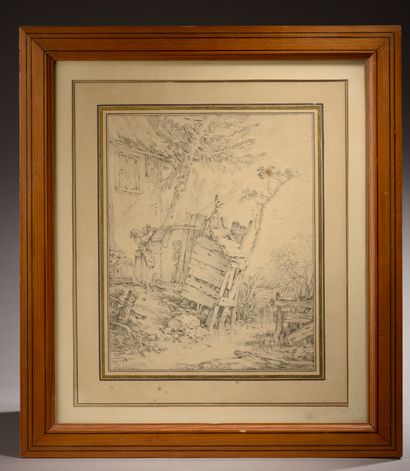 null François BOUCHER (1703–1770).
Paysage au cabanon avec lavandière.
Crayon noir...