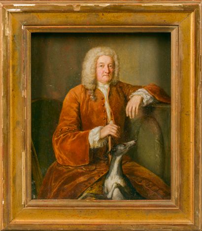 null École anglaise vers 1740.
Portrait d'homme avec son lévrier.
Huile sur cuivre...