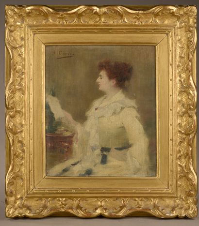 null Henri GERVEX (1852-1929).
Femme à la lecture. 
Huile sur toile signée en haut...