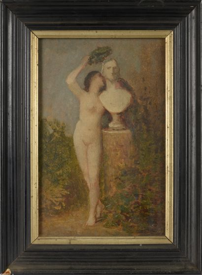null François FEYEN-PERRIN (1826-1888).
Nude female posing a crown of laurels on...