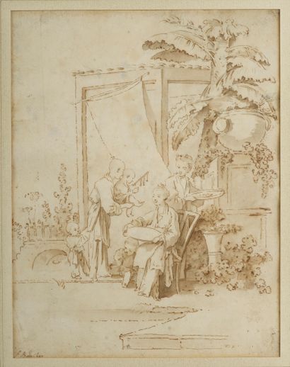 null École de François BOUCHER (1703-1770).
Chinoiserie d'après Boucher.
Plume, encre...