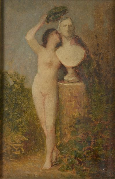 null François FEYEN-PERRIN (1826-1888).
Nude female posing a crown of laurels on...