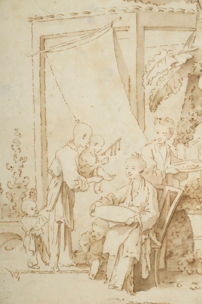 null École de François BOUCHER (1703-1770).
Chinoiserie d'après Boucher.
Plume, encre...