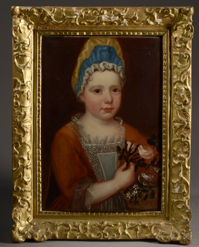 null École française vers 1730.
Portrait de fillette au bonnet.
Panneau de noyer,...