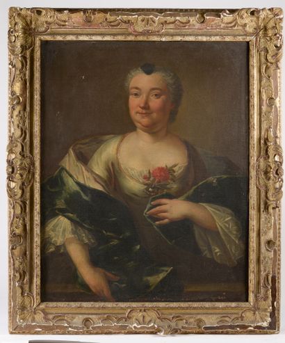 null École française du XVIIIe siècle.
Portrait de dame au décolleté fleuri. 
Huile...