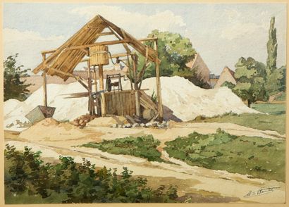 null Anatole DE BAUDOT (1834-1915). Vue de l’entrée d’une mine. Aquarelle sur papier...