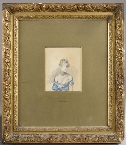 null Philippe Jacques LINDER (1835-1914).
Portrait de femme.
Aquarelle et crayon...