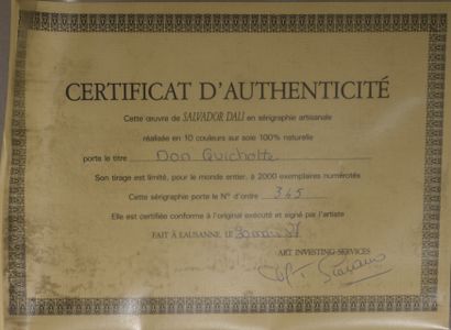 null Salvador DALI (1904-1989).
Don Quichotte. 
Sérigraphie sur soie numérotée 345/2000...