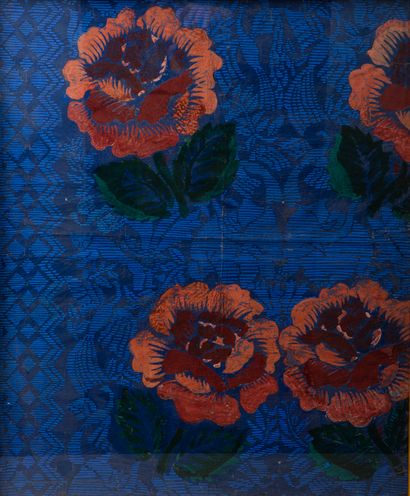 null Raoul DUFY (1877-1953). Roses sur fond bleu, projet de tissu à la gouache sur...