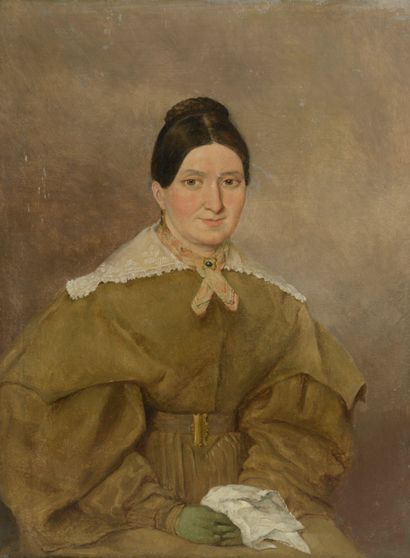 null Ecole de la première moitié du XIXe siècle.
Portrait d'une femme tenant un mouchoir....