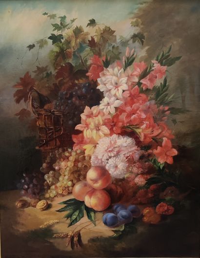 null School of the second half of the 19th century. 
Still life with fruits and flowers.
Oil...