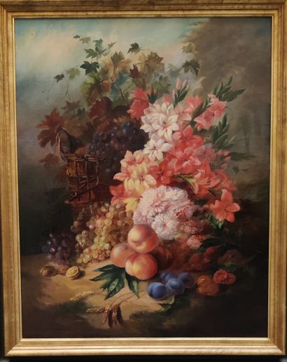 null School of the second half of the 19th century. 
Still life with fruits and flowers.
Oil...