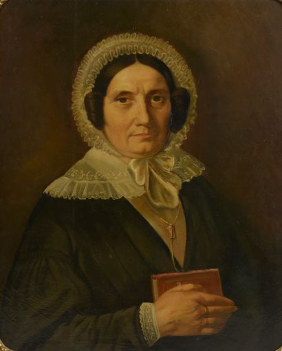 null Ecole de la seconde moitié du XIXe siècle.
Portrait d'une femme tenant un livre.
Huile...