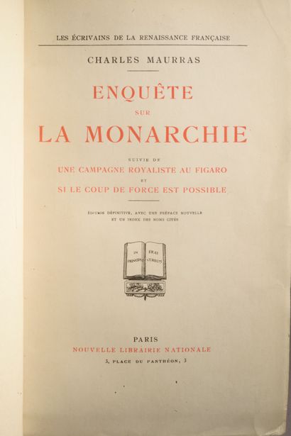 null MAURRAS (Charles). Enquête sur la monarchie. Paris, Nouvelle Librairie Nationale,...