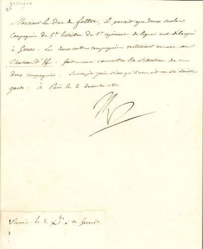 null NAPOLÉON Ier. L.S. « NP », Paris 2 décembre 1811, au duc de FELTRE ; la lettre...