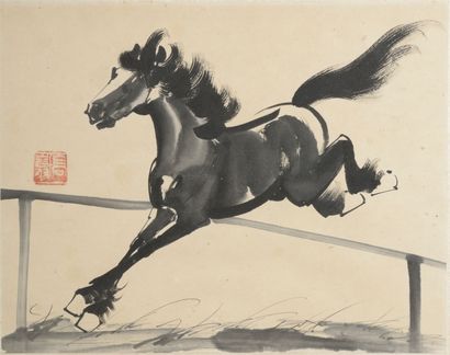 null D'après Xu BEIHONG (1895-1953).
Cheval galopant. Estampe.
Haut. : 28,5 cm -...