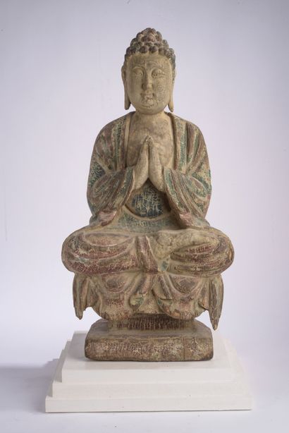 null CHINE - Fin Dynastie QING (1644-1911).
Statuette de bouddha en bois à traces...