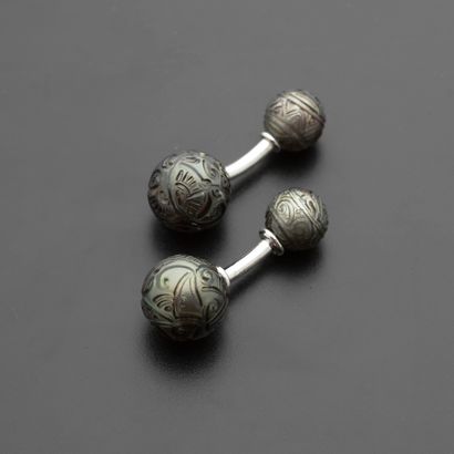 Pair of 18k white gold cufflinks with engraved...