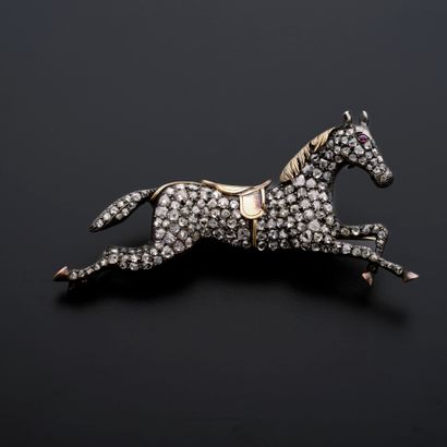 null Brooch in silver 925 thousandths, pink and yellow gold 18k featuring a galloping...