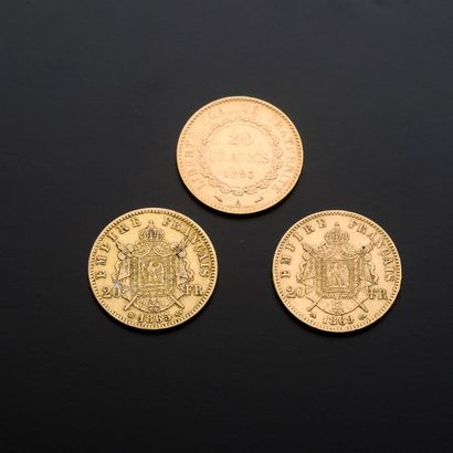 null Trois pièces de 20 Francs or, deux au profil de Napoléon III lauré, une datant...