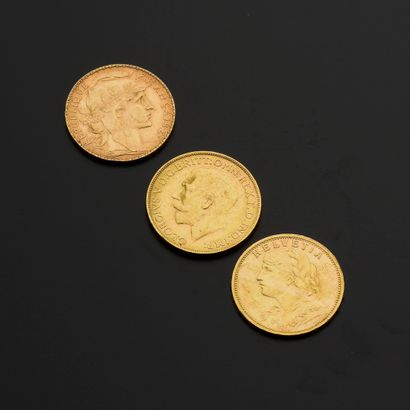 null Ensemble de trois pièces en or :
- une de 20 Francs au profil de Marianne datant...