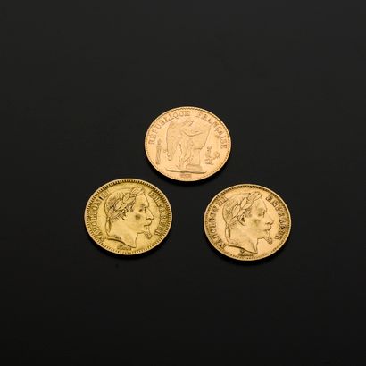 null Trois pièces de 20 Francs or, deux au profil de Napoléon III lauré, une datant...