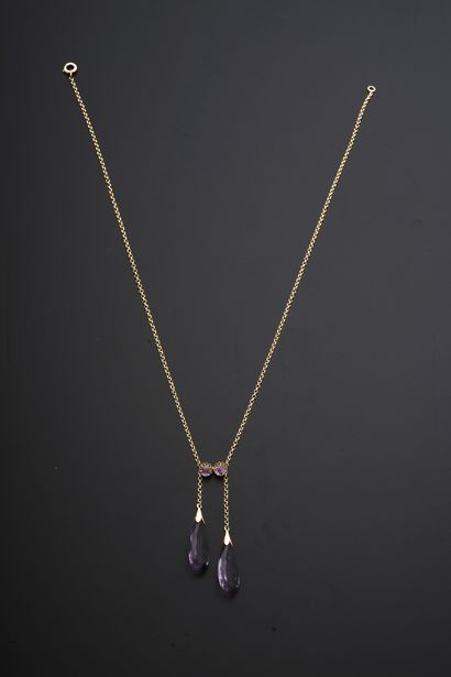 null 14k rose gold neglected necklace set with round and briolette cut violet stones,...