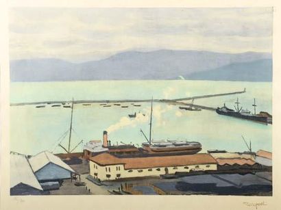 Albert MARQUET (Bordeaux, 1875 - Paris, 1947) Port dans une baie Lithographie en...
