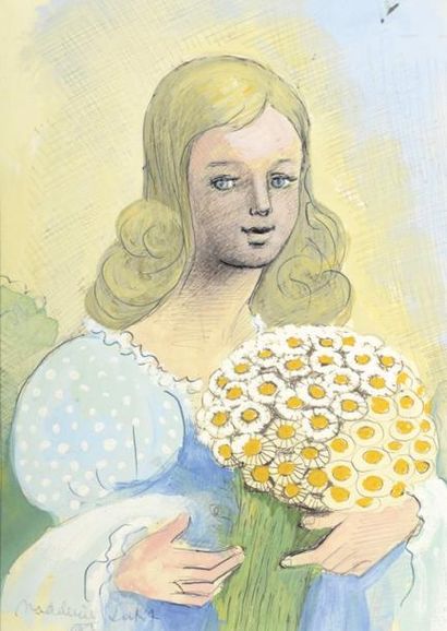 Madeleine LUKA (Maffliers, 1894 - Paris, 1989) Jeune femme au bouquet de marguerites...