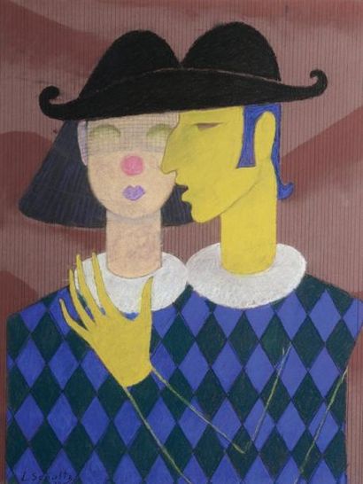 Leff SCHULTZ (1897 - 1970) Couple d'arlequins Pastel, signé en bas à gauche et daté...