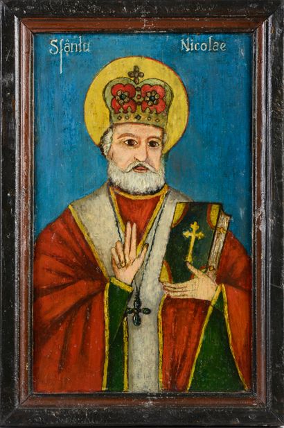 null Orthodox icon representing Saint Nicholas. 
Oil on panel. 
20th century.
Height...