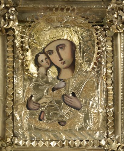 null Icone orthodoxe figurant une Vierge à l'enfant.
Huile sur panneau, la Rizza...