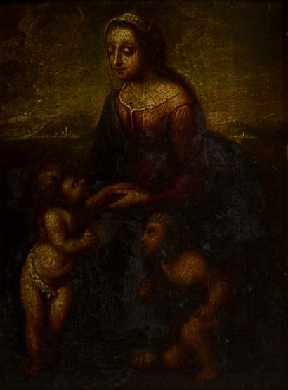 null École française du XVIIIe d'après Raphaël.
La Vierge à l'enfant avec saint Jean-Baptiste.
Papier...