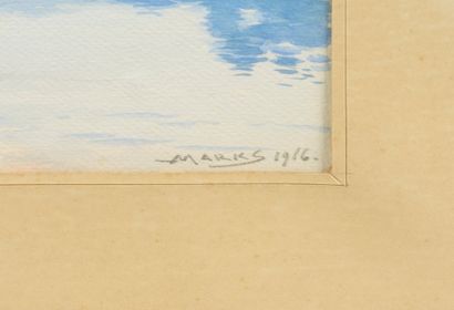 null Albert MARKS (1871-1941).
Paysage lacustre, un pont dans le lointain. 
Aquarelle...