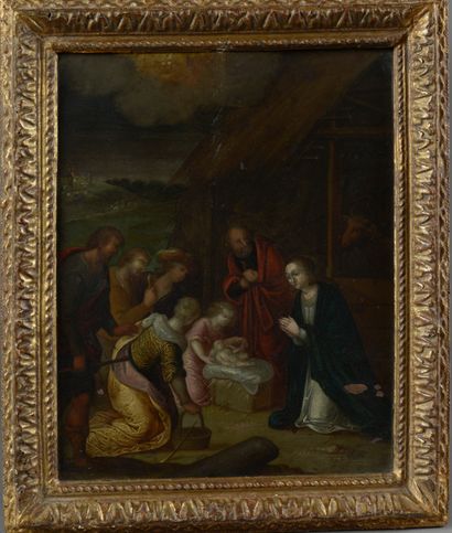 null Attribué à Cornelis de BAILLEUR (Anvers, 1607 - 1671).
Adoration des bergers....