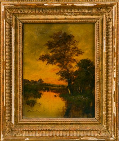 null Jules DUPRE (1811-1889).
Paysage d'un bord de rivière 
Huile sur toile signée...