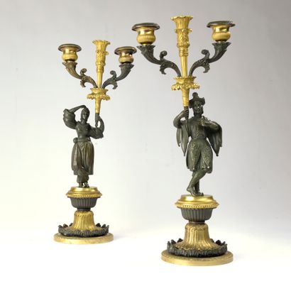 Pair of two-light candelabra in patinated...