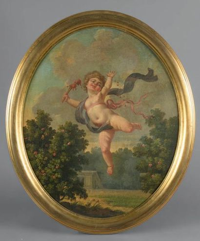 École FRANÇAISE du XVIIIe siècle L'Amour folie Huile sur toile ovale (restaurations)...