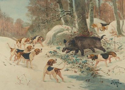 Hippolyte Jean Adam GIDE (1852 - 1921) Sanglier cerné par des chiens de meute Aquarelle...