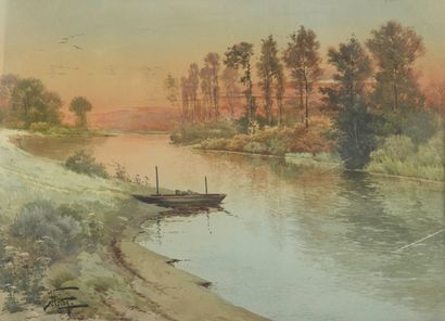 Hippolyte Jean Adam GIDE (1852 - 1921) Étang au soleil couchant Aquarelle, signée...