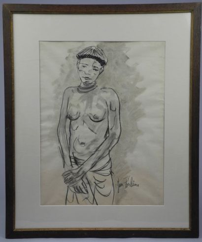 Jean POULAIN (1884 - 1967) Femme africaine Fusain et lavis d'encre, signé en bas...
