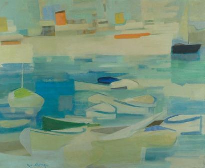 Roger DERIEUX (né à Paris en 1922) «Port de Cannes» Huile sur toile, signée en bas...