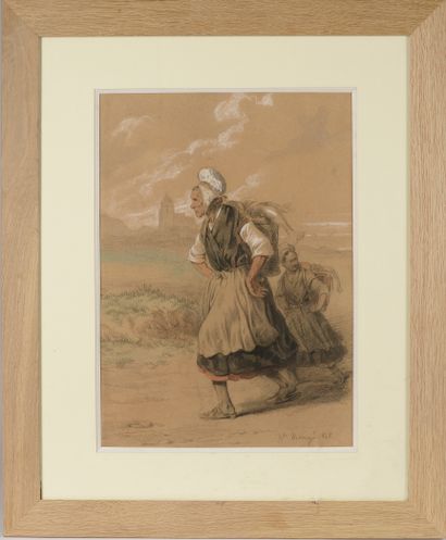null Hippolyte Bellangé (1800-1866). 
Les poissonnières, 1845.
Fusain et craie sur...