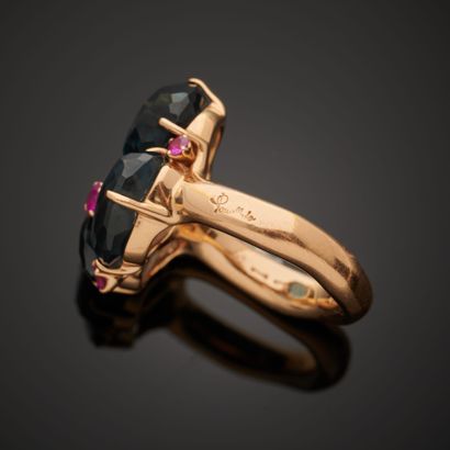 null POMELLATO "Bahia".
18k rose gold ring, featuring three faceted topazes punctuated...