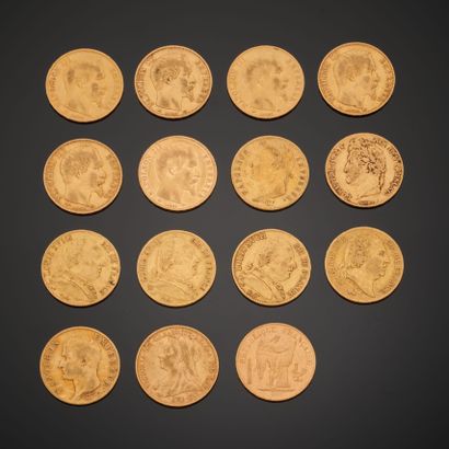null Ensemble de quinze pièces en or, quatorze de 20 Francs aux profils de Napoléon...